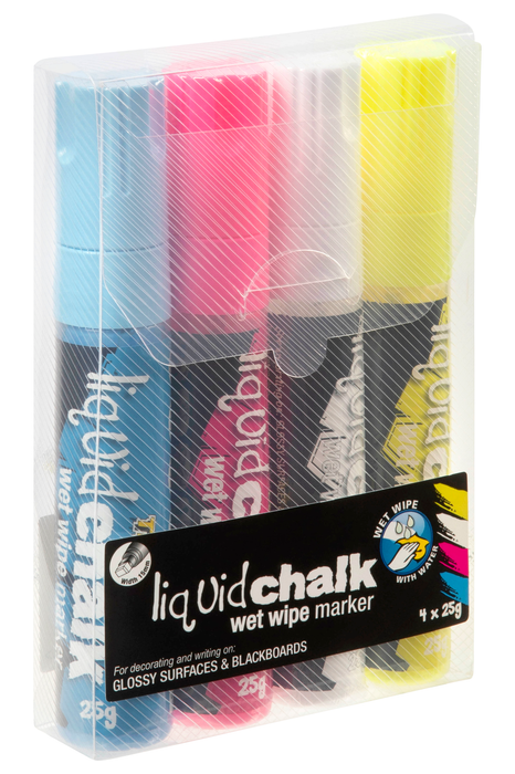 Texta Chalk Marker Assorted Colours 4's Pack, Wet Wipe, Bullet Tip