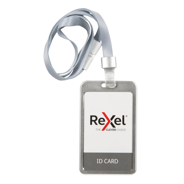 Rexel Aluminium Double Sided ID Card Holder with Lanyard - Silver (Portrait)