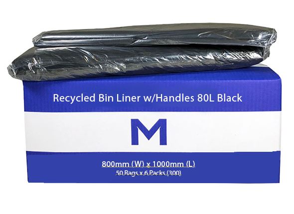 80L Black Recycled Bin Liners With Handles x 300's pack (800mm x 1000mm x 30mu) MPH2415