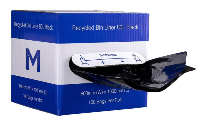 80L Black Recycled Bin Liners x 100's pack (800mm x 1000mm x 35mu) MPH2410