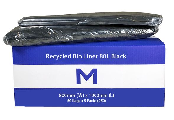 80L Black Recycled Bin Liners x 250's pack (800mm x 1000mm x 40mu) MPH2440