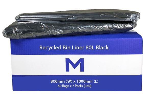80L Black Recycled Bin Liners x 350's pack (800mm x 1000mm x 30mu) MPH2360