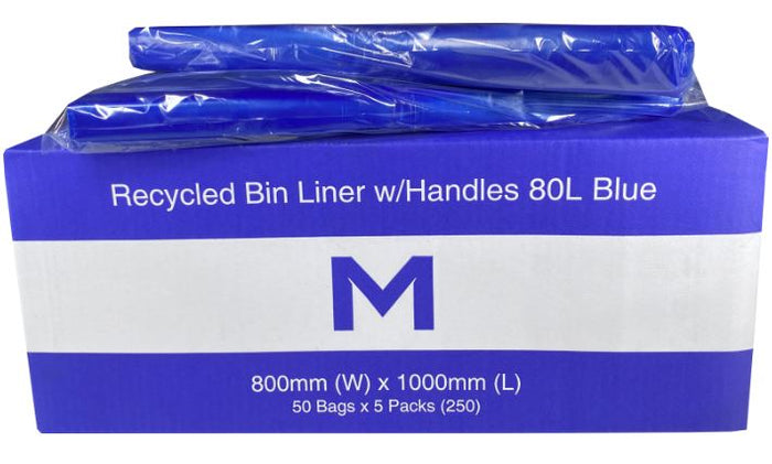 80L Blue Recycled Bin Liners With Handles x 250's pack (800mm x 1000mm x 40mu) MPH2418
