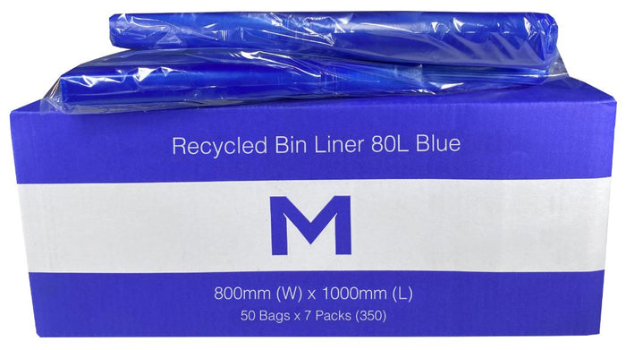 80L Blue Recycled Bin Liners x 350's pack (800mm x 1000mm x 30mu) MPH2400