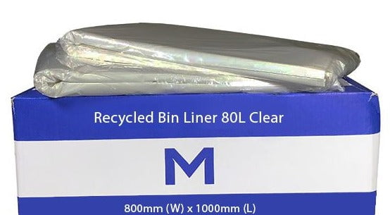 80L Clear Recycled Bin Liners x 250's pack (800mm x 1000mm x 40mu) MPH2445