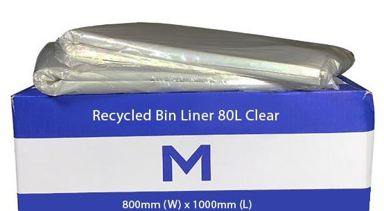 80L Clear Recycled Bin Liners x 250's pack (800mm x 1000mm x 40mu) MPH2445