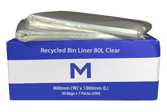 80L Clear Recycled Bin Liners x 350's pack (800mm x 1000mm x 30mu) MPH2370
