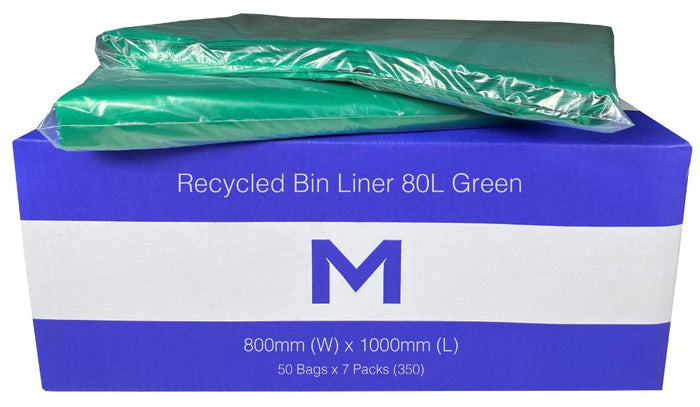 80L Green Recycled Bin Liners x 350's pack (800mm x 1000mm x 30mu) MPH2420