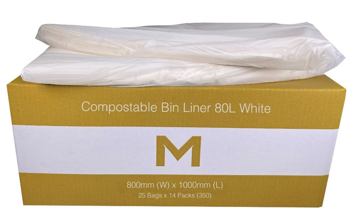 80L White Compostable Bin Liners x 350's pack (800mm x 1000mm x 30mu) MPH2365