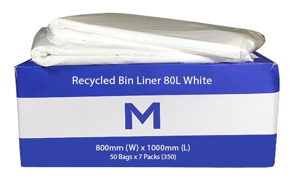 80L White Recycled Bin Liners x 350's pack (800mm x 1000mm x 30mu) MPH2375