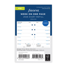 2026 Filofax Mini Refill Traditional, Week Per Page, 67mm x 105mm