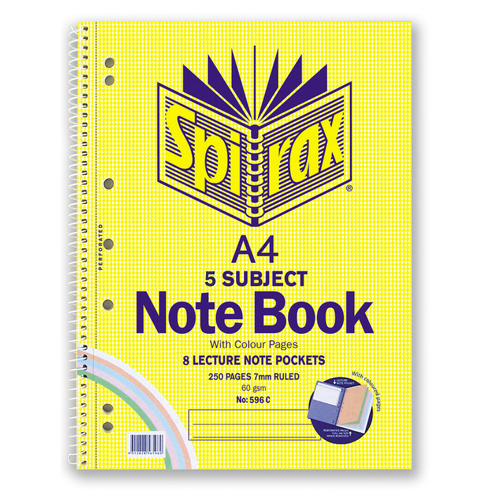 Spirax 596C A4 5 Subject Notebook With Coloured Pages 250 Pages x Pack of 5