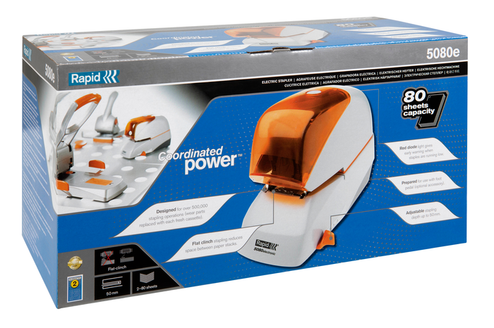 Rapid Electric Stapler 5080E, 80 Sheet, Flat Clinch, Red/Grey