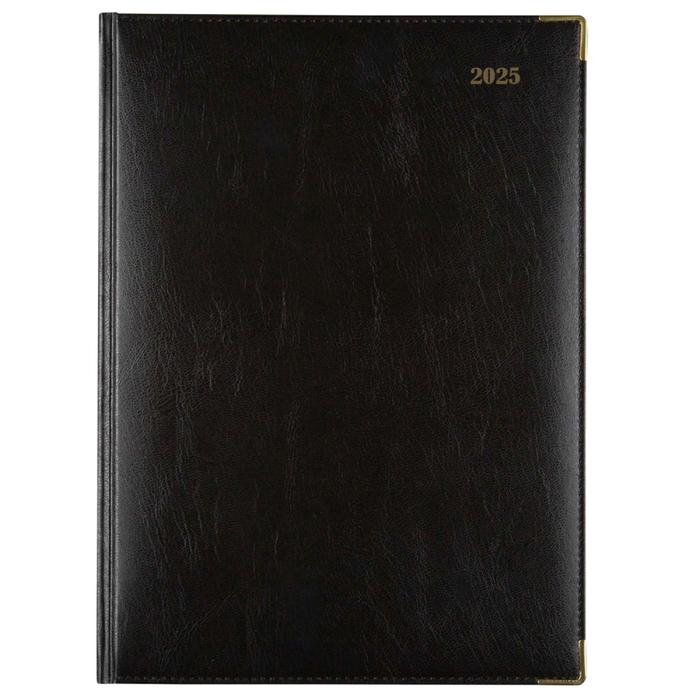 2025 Cumberland Quarto (260 x 190mm) Leathergrain Padded Casebound Corporate Diary, Day To A Page, Black