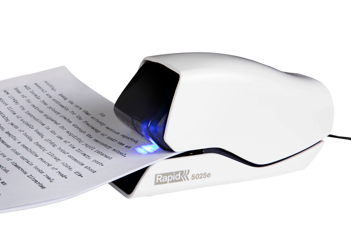 Rapid 5025E Electric Stapler, Flat Clinch, 25 Shee, LED Light, White/Black