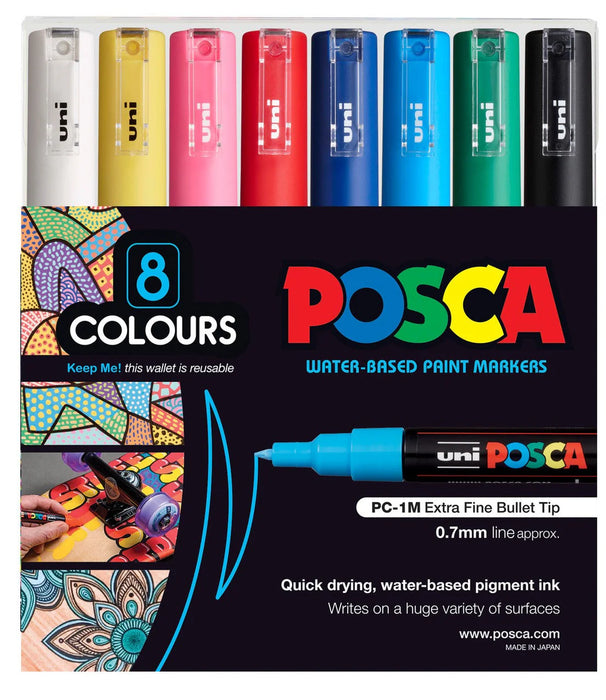 Uni Posca Paint Marker Set, PC-1M, Set of 8 Markers, Assorted Colours, Extra Fine Tip, 0.7mm (PC1M8C)