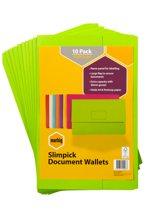 Marbig Foolscap Cardboard Document Wallet, 30mm Gusset, Green, 10's pack