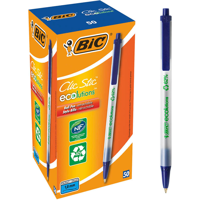 Bic ECOlutions Clic Stik Retractable Ballpoint Pen, Medium Tip, Blue Ink x 50's