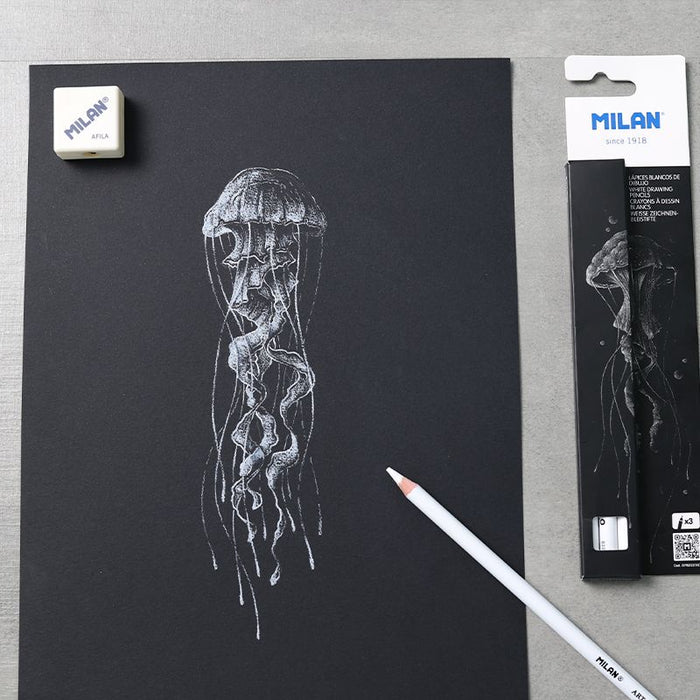 Milan White Drawing Pencils, Pack of 3 + Eraser