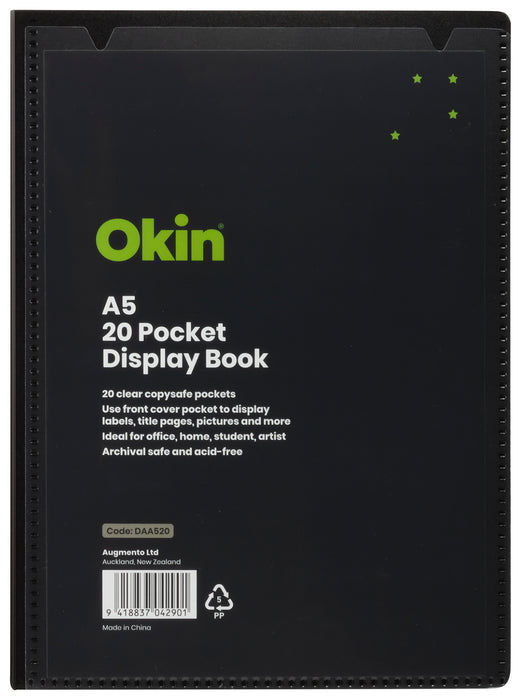 Okin A5 Insert Cover 20 Pocket Display Book, Black Cover