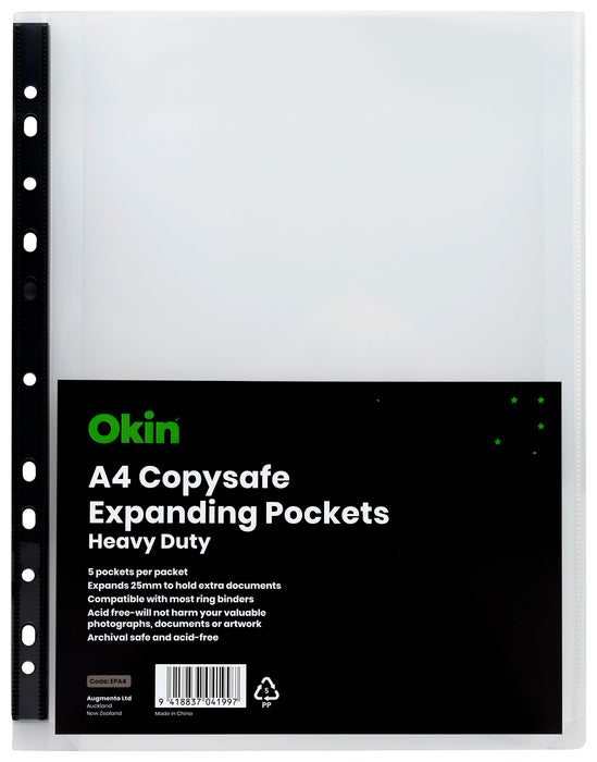 Okin Heavy Duty Expanding A4 Copysafe Pockets, Pack of 5