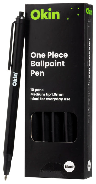 Okin One Piece Ballpoint Pen, 1.0mm Medium Tip, Retractable, Black, 10's pack