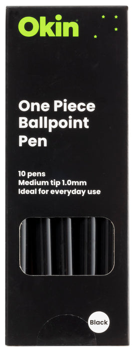 Okin One Piece Ballpoint Pen, 1.0mm Medium Tip, Retractable, Black, 10's pack