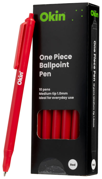 Okin One Piece Ballpoint Pen, 1.0mm Medium Tip, Retractable, Red, 10's pack