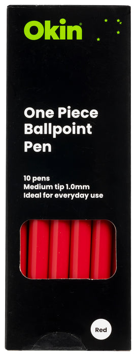 Okin One Piece Ballpoint Pen, 1.0mm Medium Tip, Retractable, Red, 10's pack