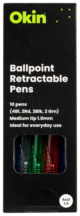 Okin Retractable Medium Tip Ballpoint Pen x 10's pack – Assorted Colours