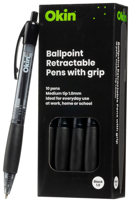 Icon Ballpoint Retractable Pen with Grip Medium Tip Black Pens x 10's pack