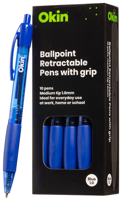 Icon Ballpoint Retractable Pen with Grip Medium Tip Blue Pens x 10's pack