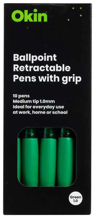 Okin Ballpoint Retractable Pen with Grip Medium Tip Green Pens x 10's pack