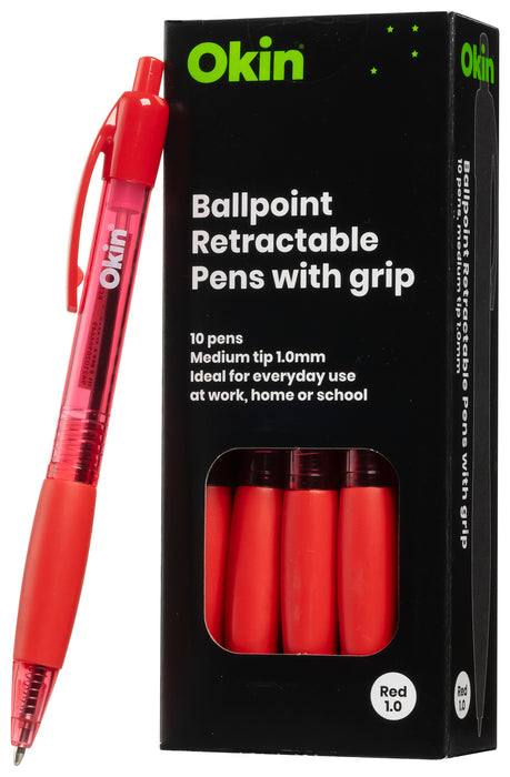 Okin Ballpoint Retractable Pen with Grip Medium Tip Red Pens x 10's pack