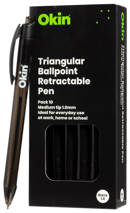 Okin Retractable Medium Tip Ballpoint Pen x 10's pack - Black