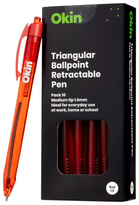 Okin Retractable Medium Tip Ballpoint Pen x 10's pack - Red