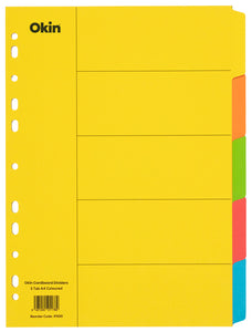 Okin A4 Cardboard Indices 5 Tabs, Coloured