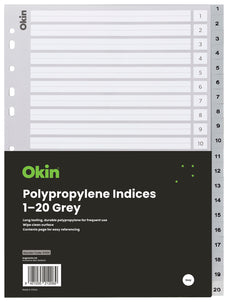 Okin A4 Polypropylene Indices Numbered 1 - 20 - Grey