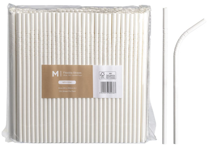 Regular Flexible Paper Straws, White, 6mm x 200mm, 300gsm, FSC® Mix x 2500 pieces