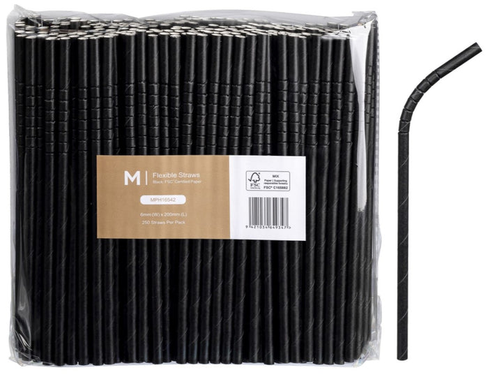 Regular Flexible Paper Straws, Black, 6mm x 200mm, 300gsm, FSC® Mix x 2500 pieces