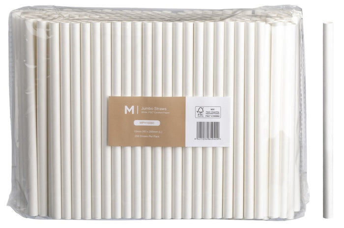 Jumbo Straight Paper Straws, White, 10mm x 200mm, 300gsm, FSC® Mix x 2500 pieces
