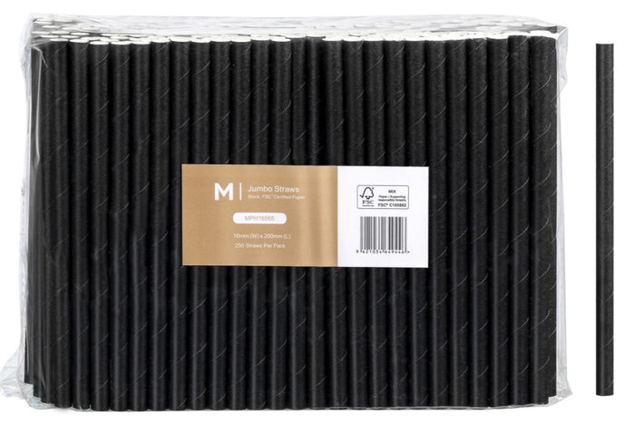 Jumbo Straight Paper Straws, Black, 10mm x 200mm, 300gsm, FSC® Mix x 2500 pieces