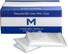 240L Clear Recycled Bin Liners x 150's pack (1125 x 1500mm x 30mu)