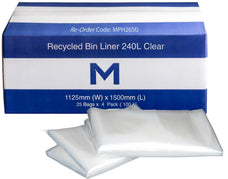 240L Clear Recycled Bin Liners x 100's pack (1125 x 1500mm x 50mu)