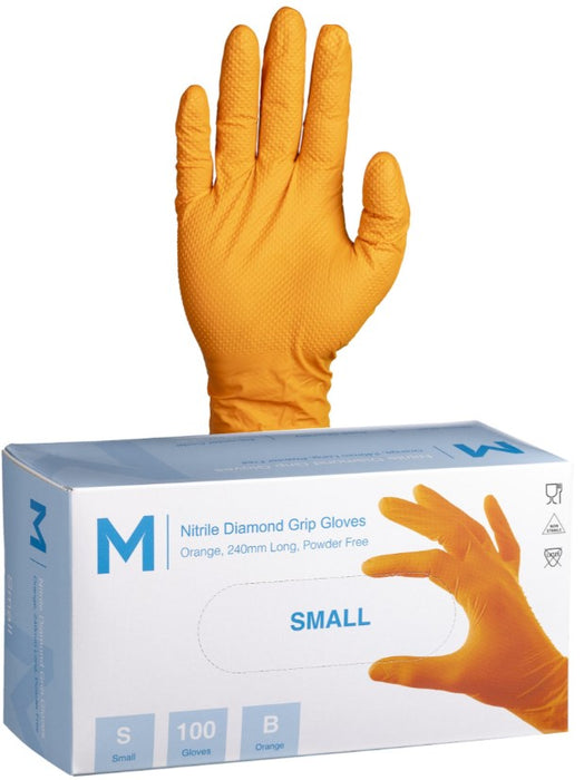 Nitrile Diamond Grip Powder Free Gloves 9.0g x 1000's - Small, Orange