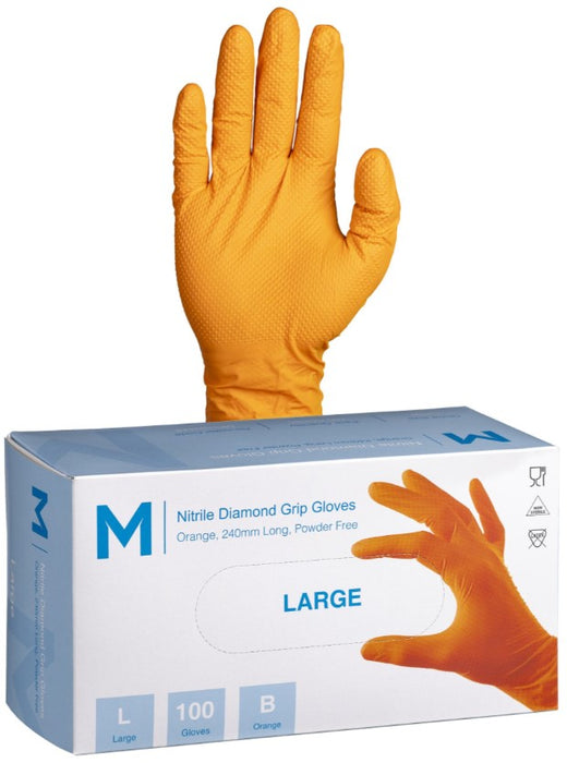 Nitrile Diamond Grip Powder Free Gloves 9.0g x 1000's - Large, Orange