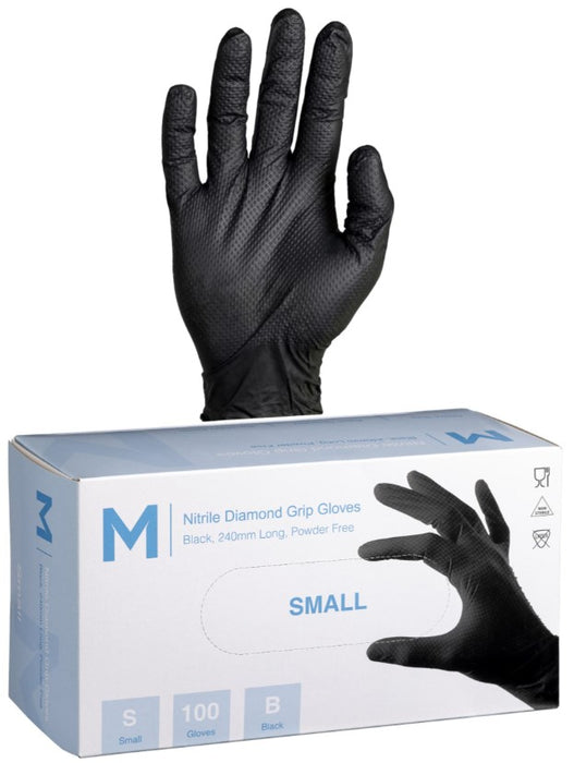 Nitrile Diamond Grip Powder Free Gloves 9.0g x 1000's - Small, Black