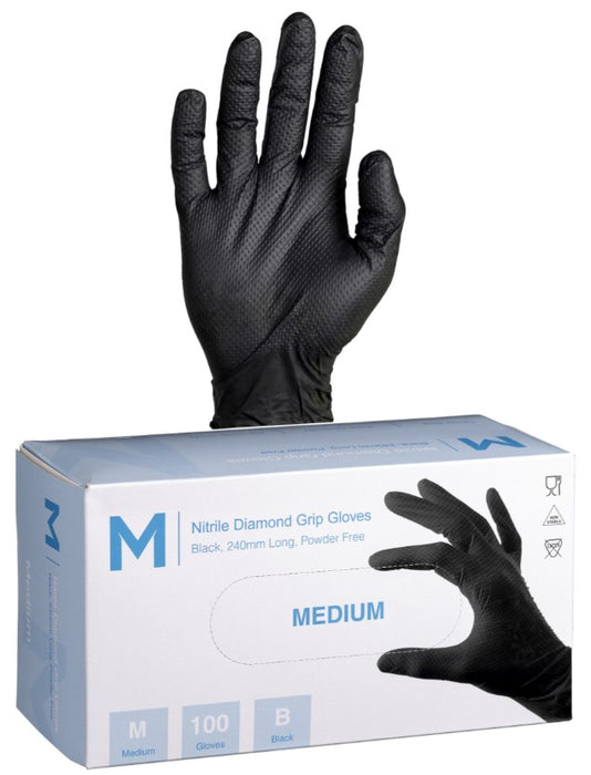 Nitrile Diamond Grip Powder Free Gloves 9.0g x 1000's - Medium, Black