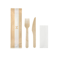 Compostable Natural Wooden Cutlery Set x 400 packs (Knife, Fork, Napkin)
