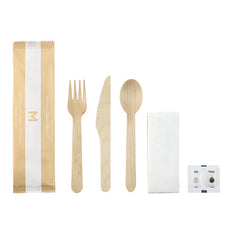 Compostable Natural Wooden Cutlery Set x 400 packs (Knife, Fork, Spoon, Napkin, Salt, Pepper)